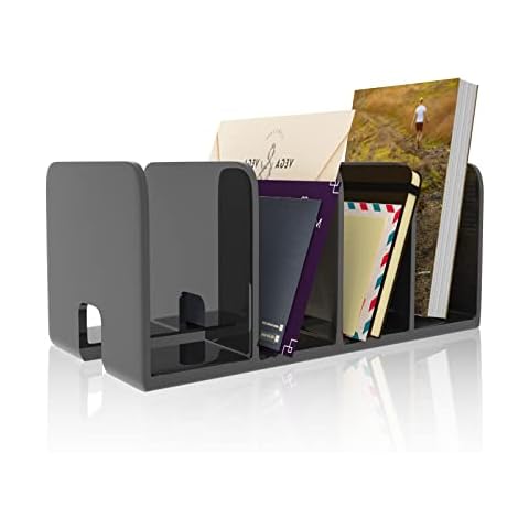 wishacc Desktop 4 Slot Acrylic Mail Organizer - Vertical Letter Holder Small Black File Sorter for Desk - Upright Divider Organizer Tray for Office Home Kitchen Cover