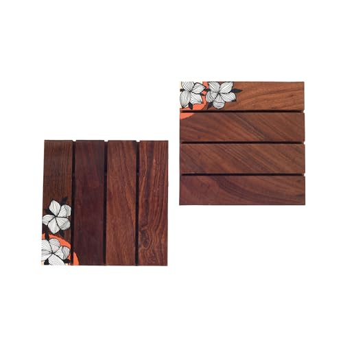 Image of AAKRITI ART CREATIONS Blossom Breeze Coaster | Wooden Coaster Set of 4 | Decorative Coaster Matte Finish | Floral Art Wooden Handcrafted Coasters | Brown Wooden Coaster Set, Hand Painted