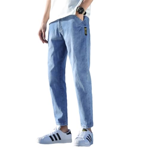 Men Stretch Ankle Length Jeans Light Blue Cotton Slim Fit Denim Pants Korean Trousers Blue-02 36