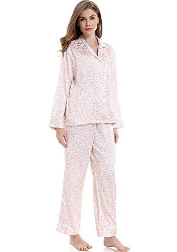 Image of Serenedelicacy Women's Satin Pajama Set Long Sleeve Button Down Sleepwear 2-Piece Silky Pj Set