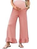 Yousify Womens Maternity Pants Soft Ruffle Flowy Lounge Palazzo Pants Pregnancy Wide Leg Trousers Pink