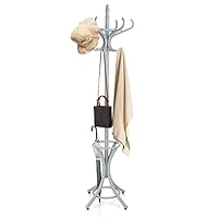 Tangkula Standing Coat Rack, Wood Coat Tree with 12 Hooks, Home Hat Jacket Hanger Tree 12 with Umbrella Holder Coat Stand