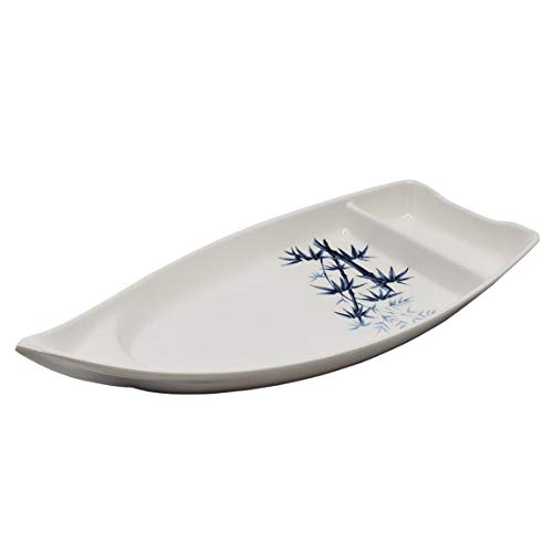 Happy Sales HSSB-10BB, Sushi Boat Shape Plate Sushi Sashimi Serving Plate Melamine Plastic Tray 10 x 4.5 Inch (Bamboo)