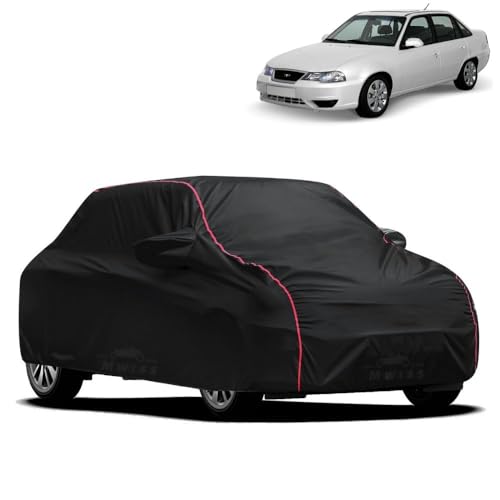 Image of Waterproof Car Cover for Daewoo Cielo | All-Weather Protection, Dustproof & UV Resistant | Triple Stitched Mirror Pockets, Windproof Buckle Strap with Elastic Hem, Black-Red Piping