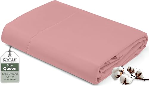 Image of Royale Linens 100% Organic Cotton Queen Flat Sheet Only - Super Soft - Percale Top Sheets - Queen Flat Sheet Sold Separately - Breathable, Cool & Crisp Pink Sheets Only (90 inch x 102 inch, Pink)
