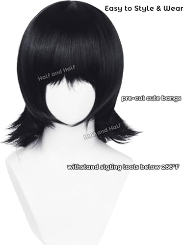 Image of Shi-zuku Cosplay Wig Short Black Anime Hunter-Killer Wigs with Bangs | 15'' Black Spiky Layered Wigs Synthetic Hair for Women Halloween Party Costumes