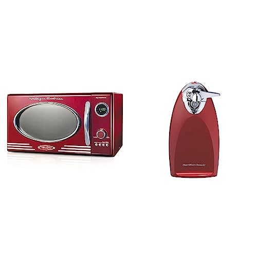 Nostalgia Retro Countertop Microwave Oven - Large 800-Watt - 0.9 cu ft - 12 Pre-Programmed Cooking Settings - Digital Clock & Hamilton Beach Electric Automatic Can Opener - image 1
