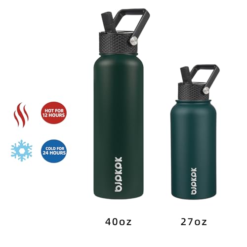 Image of BJPKPK Insulated Water Bottles with Straw Lid, 27oz Stainless Steel Water Bottle with 3 Lids, Leak Proof BPA Free Metal Thermos Mug, Sports Water Bottle Keep Cold & Hot- Army Green (Pack of 2)