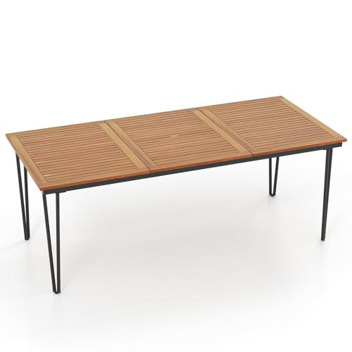 GIANTEX Table à Manger de Jardin avec Trou pour Parasol Ø 5 cm, Table d’Extérieur Rectangulaire en Bois d'Acacia pour 8 Personnes, Pieds Métalliques,...