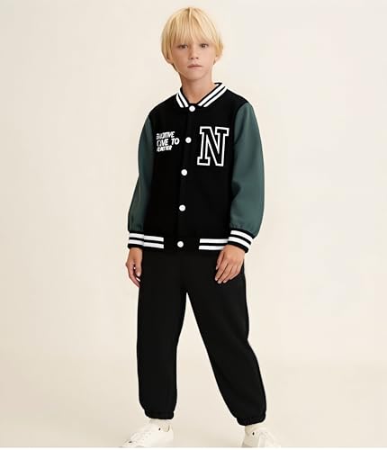 Image of Cakaner Boys Color Block Button Down Shirt and Jogger Pants Button Up Sweatsuits Sets (Size: 5-12T)