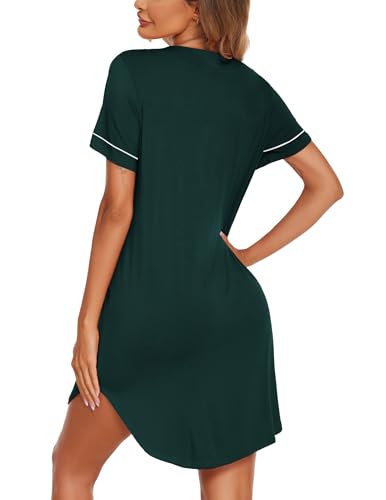 Image of Ekouaer Nightgowns for Women Button Down Night Gowns Short Sleeve Sleep Shirt V Neck Nightshirt Soft Sleepwear Pajams Dress Lake Green Small