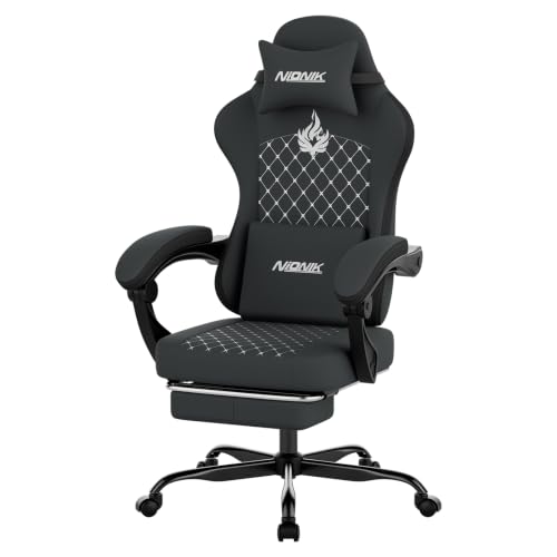 NIONIK Gaming Stuhl Ergonomisch, Gaming-Sessel mit Fußstütze, Gaming Stuhl Stoff Bürostuhl mit Lordosenkissen und Nackenkissen… – Ansicht 1