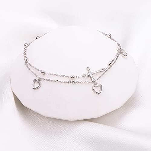 Image of Flyow Anklet for Women S925 Sterling Silver Adjustable Foot Beaded Heart Charm Ankle Bracelet Anklets Jewelry