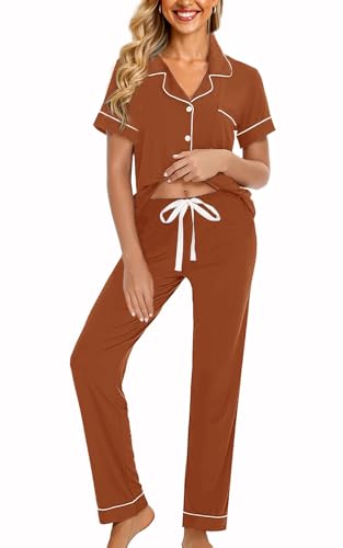 Image of WJing Yi Jia Womens Soft Pajamas Set XS-XXL Button Down Sleepwear Short Sleeves Pajama sets with Long Pants Pj Set Nightwear