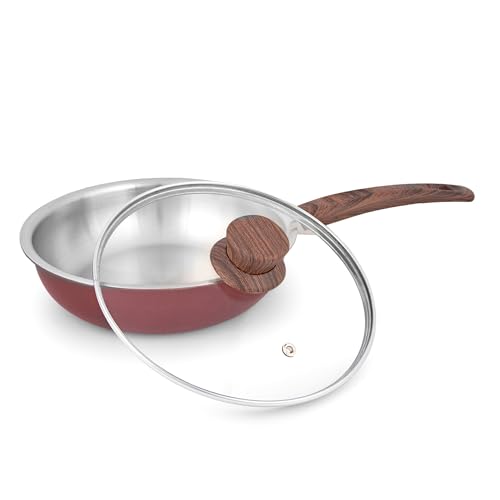 Image of The Better Home 2.5mm Triply Aluminium Coated Fry Pan (1.5L-22cm) with Glass Lid | Gas & Induction Fry Pan for Deep Frying (Red)