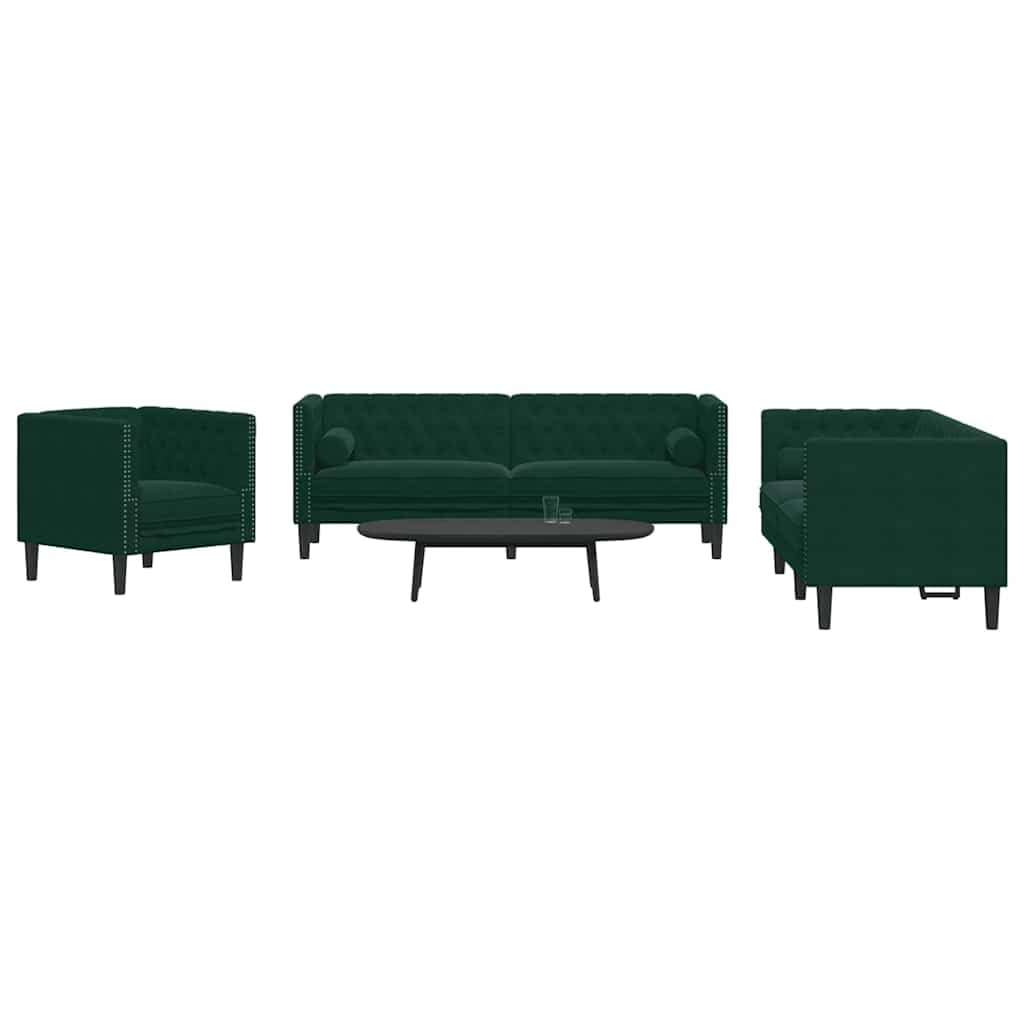 Set di 3 divani Chesterfield in velluto verde scuro con cuscini per il collo, 3 posti, 2 posti e poltrona, per soggiorno, con comoda seduta e gambe stabili