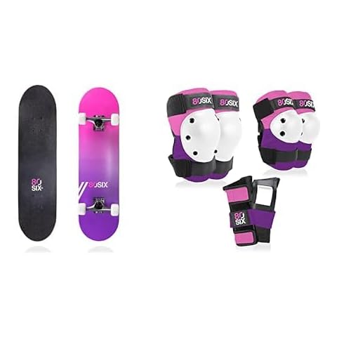 80Six Adult and Youth Skateboard with Kids' Multi-Sport Pad Set with Wristguards, Elbow Pads, and Knee Pads, Pink Purple, Large-Ages 14+ Cover