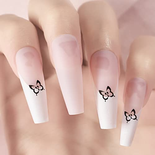 Butterfly on White Tips, Press On Nails Long Coffin ECHIQ, Matte Exclusive Design Fake Nails, French Acrylic Faux Ongles Kits, Adhesive Tabs, Reusable Full Cover for Women Girls Gift, 24 pcs Cover