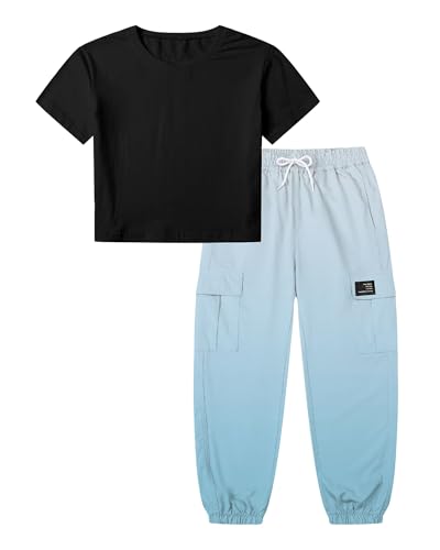 Image of Betusline Girls Fall Winter Clothing Sets, Long Sleeve Crop Top & Cargo Jogger Pants 2 Piece Outfit Sets,4T-14Y