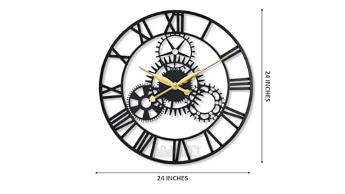 Image of 24 Inch Large Metal Wall Clock with Fixed Gears - Decorative Industrial Vintage Wall Watch Sculpture for Living Room, Bedroom & Office - Modern Silent Quartz Roman Numeral Home Decor
