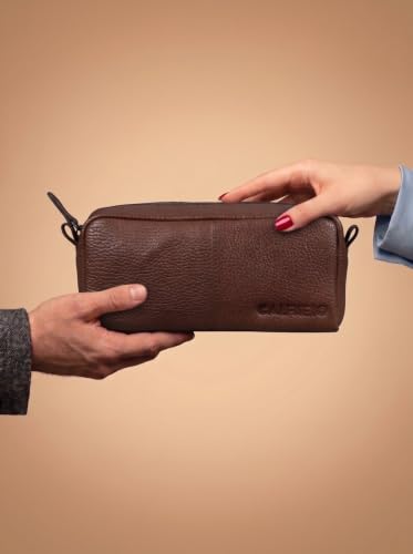 Image of Calfnero Genuine Leather Toiletry Bag for Men & Women | Premium Leather Travel-Pouch | Toiletry Organizer | Cosmetic & Shaving Kit Bag | Unisex Travel Dopp Kit (Brown)