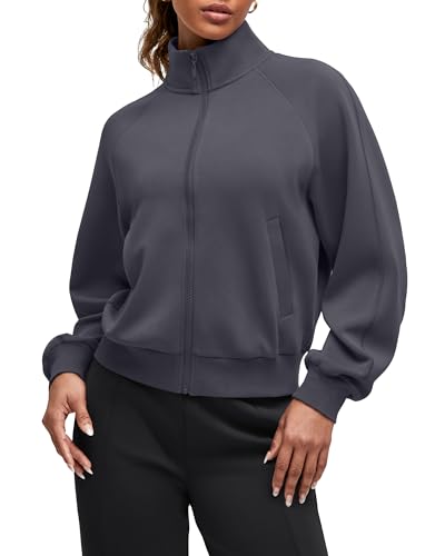 G4Free Women's Athletic Jackets Fashion Cropped Sweatshirts Mock Neck Casual Coats with Pockets Stand Collar (Dark Gray,M)