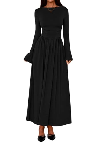 BTFBM Long Sleeve Maxi Dresses for Women 2025 Fall Casual Ruched Boat Neck Flowy Elegant Formal Wedding Guest Dress