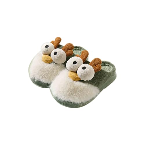 Fluffy Warm Cute Deer in Headlights Comfortable Closed Toe Slippers, Fuzzy Comfy for Autumn Fall Winter Spring Indoor Outdoor Use, Silly Funny Bearded Reindeer Caribou Elk Dragon Antler Animal Design