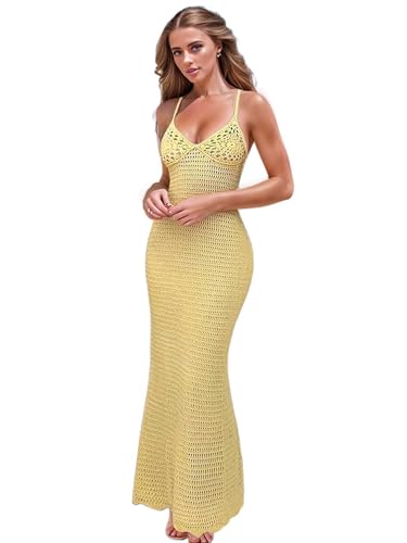 EDOLYNSA Womens Crochet Maxi Dress Lace Swimsuit Cover up Tie Backless Beachwear Knitted Bodycon Party Vacation Outfits Yellow