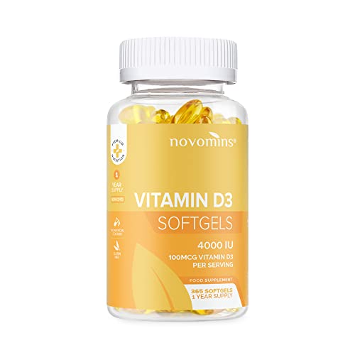 Vitamine D 4000 UI - Approvisionnement pour un An - Sans Gluten - Capsules Vitamines D3 Faciles à Avaler - Vitamine D Dosage Maximal - Vitamine D 4000 UI Haute Concentration - Fabriqué par Novomins Cover
