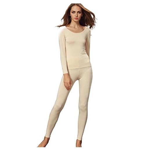 Liang Rou Women's Scoop Neck Long Johns Ultra Thin Modal Thermal Underwear Top & Bottom Set Apricot Small