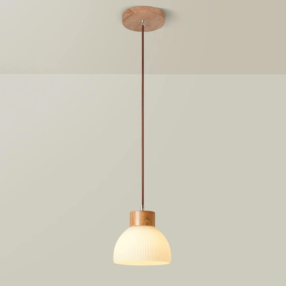 Nordic Wood Light Single Hanging Lamp Ribbed Glass Kitchen Island Lighting Fixture, Wooden Small Chandeliers Ceiling Lights E27 Suspended Lamps for Dining Room