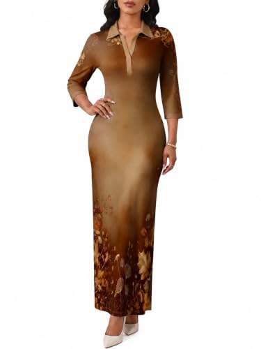 Image of PinkPatty Women's Casual 3 /4 Sleeve Polo V Neck Bodycon Maxi Dress