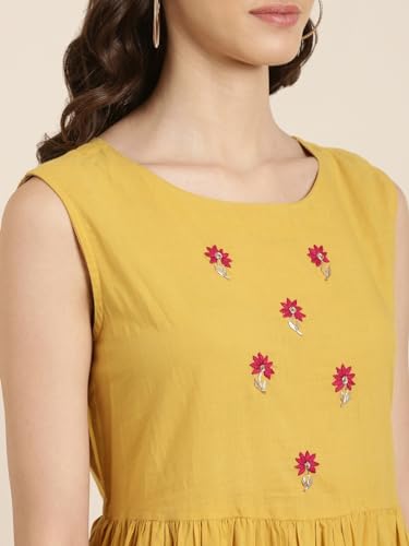Image of SHOWOFFFF Women Solid Two-Piece Anarkali Ethnic Kurta | Round Neck Sleeveless Cotton Kurta for Womens | Regular Fit Ankle Length Kurta for Women's