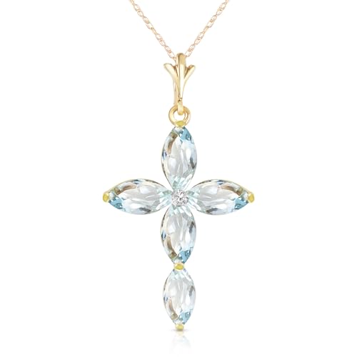 Galaxy Gold GG 9K Solid Yellow Gold Cross Pendant Necklace, 1.08 ctw Aquamarine, 0.02 ctw Diamond, 1.13 inches
