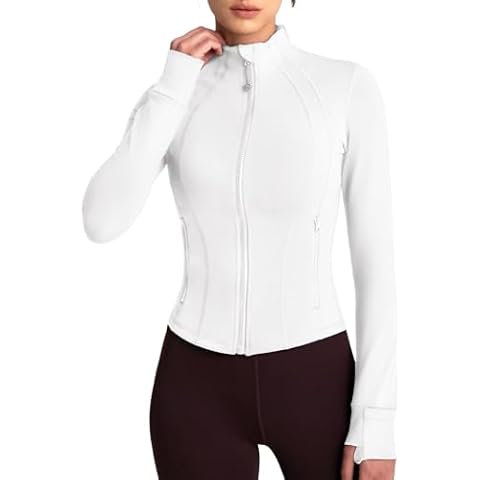 QUEENIEKE Running Jackets For Women, Athletic Full Zip Up Sports Jackets For Women With Thumb Holes S White Cover