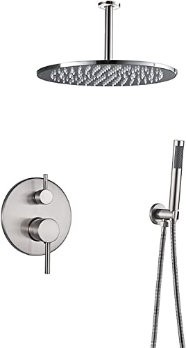 シャワーセット シャワー、シャワー蛇口セット 真鍮レインシャワーコンボセット ブラッシュドニッケル浴槽とシャワートリムキット ハンドヘルドスプレーと天井マウントレインシャワーヘッド付き,16 inches
