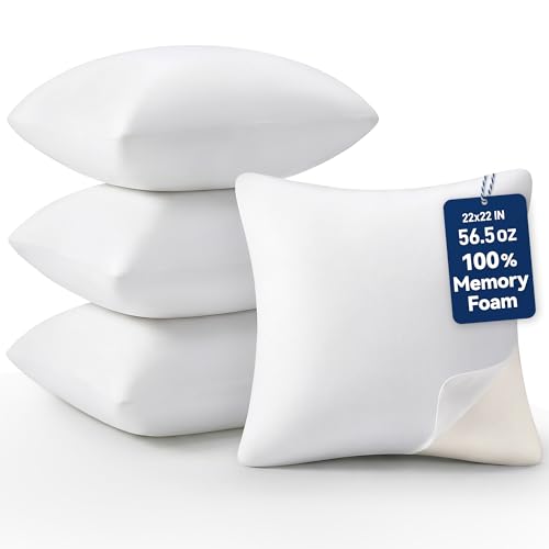 Image of AM AEROMAX 22 x 22 Throw Pillow (Pack of 4) Memory Foam Pillow Insert - Square Accent Pillow for Decorative Cushion Bed Couch Sofa - Non-Deforming Over Time
