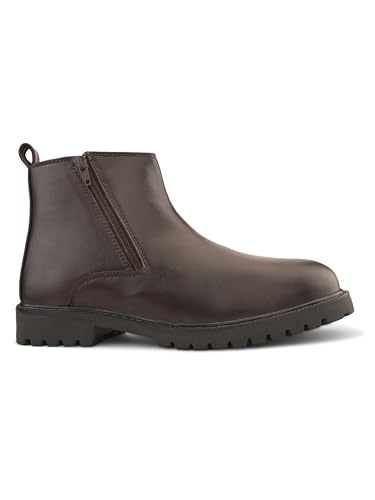 Image of STANPHORD mens Chelsea Boot STANPHORD Men's Brown PU High-Top Chelsea Boots | Round Toe Slip-On Ankle-Length Shoes | Stylish Formal & Casual Office Wear Boots | Comfortable Durable Everyday Footwear TPZN 2201 BROWN-10