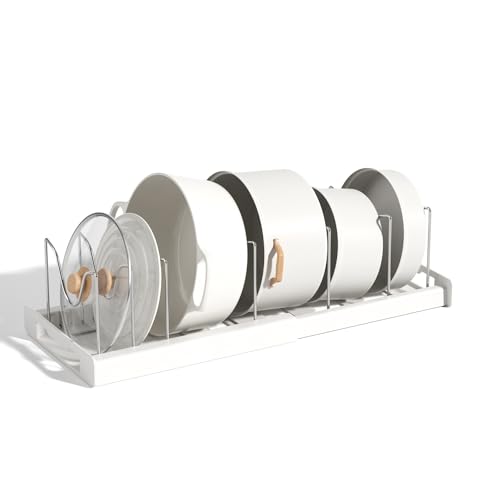 Beruyu Expandable Pot and Pan Organizer Rack for Cabinet, Pot Lid Organizer Holder with 7 Stainless Steel Adjustable Dividers for Kitchen Cabinet Organizer and Storage (White)