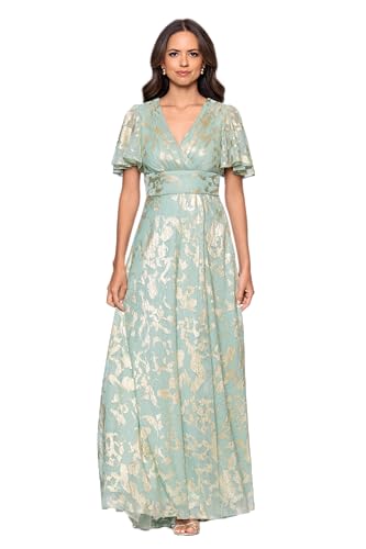 Betsy & Adam Women’s Metallic Knit V Neck Short Sleeve Floor Length Dress, Sage/Gold, 6