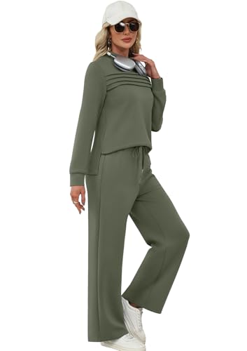 Image of WIHOLL Two Piece Sets for Women Fall Travel Vacation Outfits 2026 Long Sleeve Lounge Sets Side Slit Wide Leg Pants XS-3XL