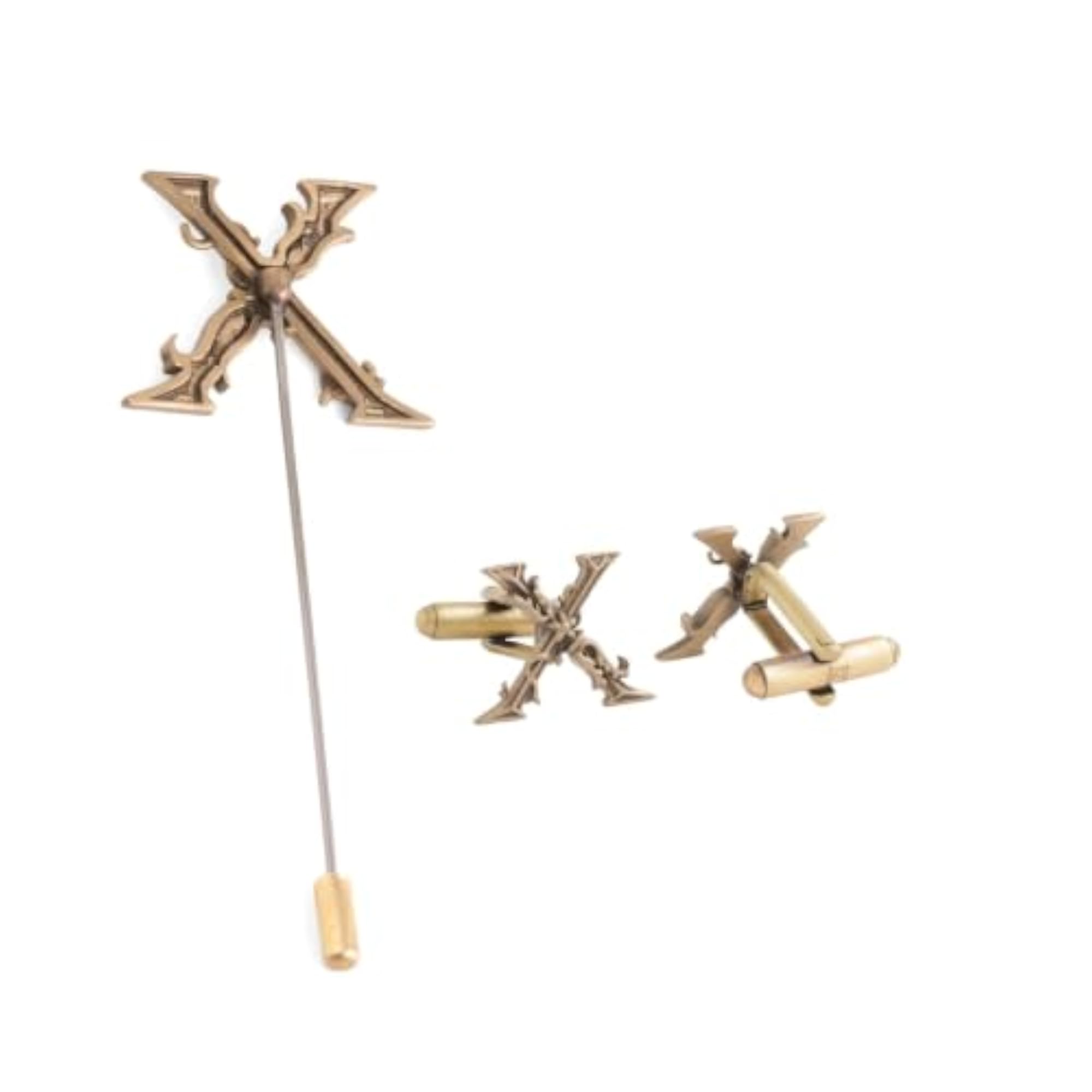 Antique Brass X Alphabet Cufflink & Lapel Pin Combo