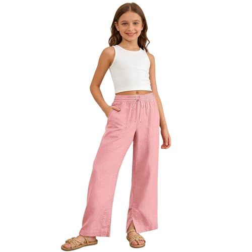 Image of Girls Linen Pants Wide Leg School Uniform Pants Cozy Elastic Waist Summer Casual Beach Lounge Trousers with Pockets