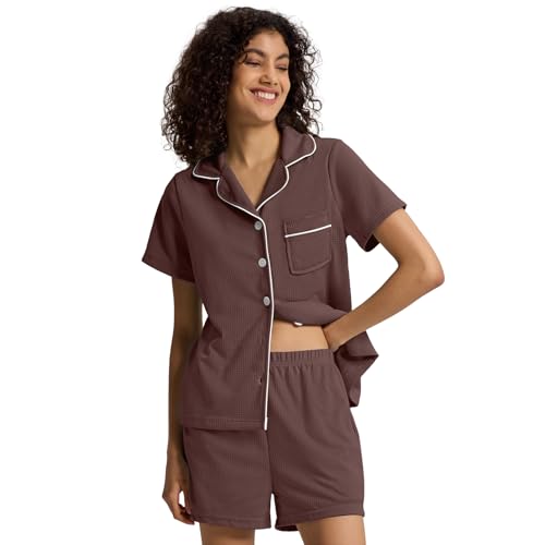 SIORO Button Down Pajamas Set for Women Short Sleeve Sleepwear Lightweight Waffle Knit Loungewear Shorts Set Nightwear