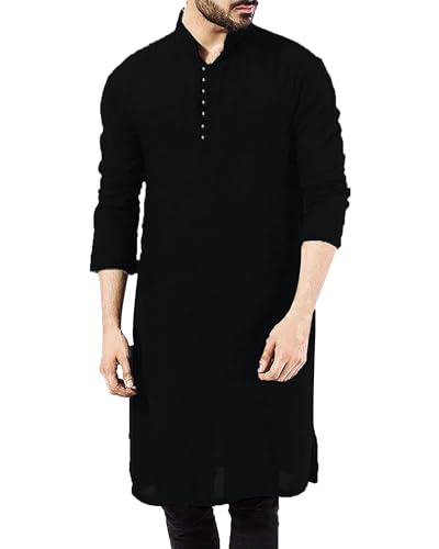 YAOHUOLE Men's Long Sleeve Muslim Thobe Robe Button Up Kaftan With Side Split and Pockets