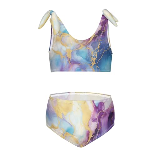 Girls' Bikini Set, Purple Gold Blue Marble Kids Swimsuit 2 Pcs Beach Bathing Suit