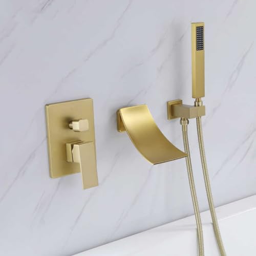 Mitigeur bain cascade mural or brossé anti-traces avec flexible et pommeau de douche