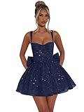Xijun Navy Blue Short Homecoming Dresses Bow Back Glitter Corset HOCO Dress for Teens Petite A Line Open Back Cocktail Party Mini Gown US2