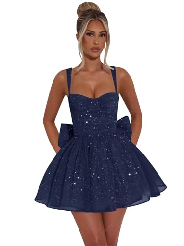 Xijun Navy Blue Short Homecoming Dresses Bow Back Glitter Corset HOCO Dress for Teens Petite A Line Open Back Cocktail Party Mini Gown US2